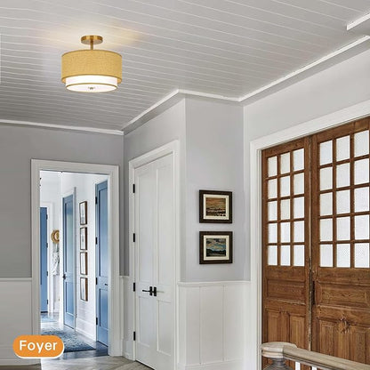 Vexagyle Boho Light Fixtures Woven Rattan-Style Flush Mount Ceiling Light, 12.6inch Closed to Ceiling Light Fixture with 2-Tier Drum Design for Bedrooms, Kitchen, Dining Room, Hallway