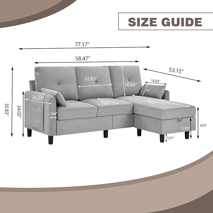 Convertible Sectional Sofa, 77" Small L Shaped 3 Seat Couch with Reversible Storage Chaise, Modern Polyester Fabric Sofa Couches for Living Room, Apartment and Small Space