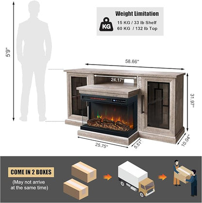 59 Inch LED TV Stand with 3-Side Glass Fireplace, Modern Media Entertainment Center Console Table for TVs up to 65 Inch with Adjustable Color, 24’’ Fireplace, Highboy, Grey Wash