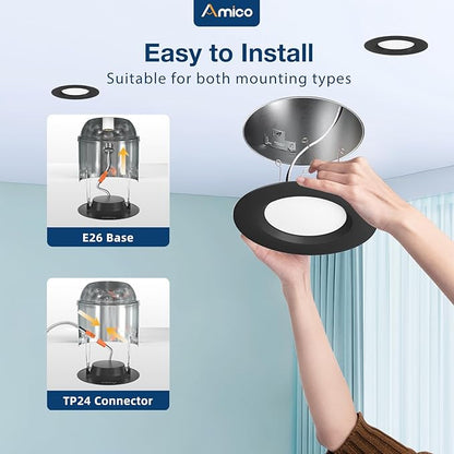 Amico 24 Pack 5/6 inch 5CCT LED Recessed Lighting, Dimmable, 12.5W=100W, 950LM, 2700K/3000K/4000K/5000K/6000K Selectable, Retrofit Can Lights with Baffle Trim, IC Rated - ETL & FCC, Black