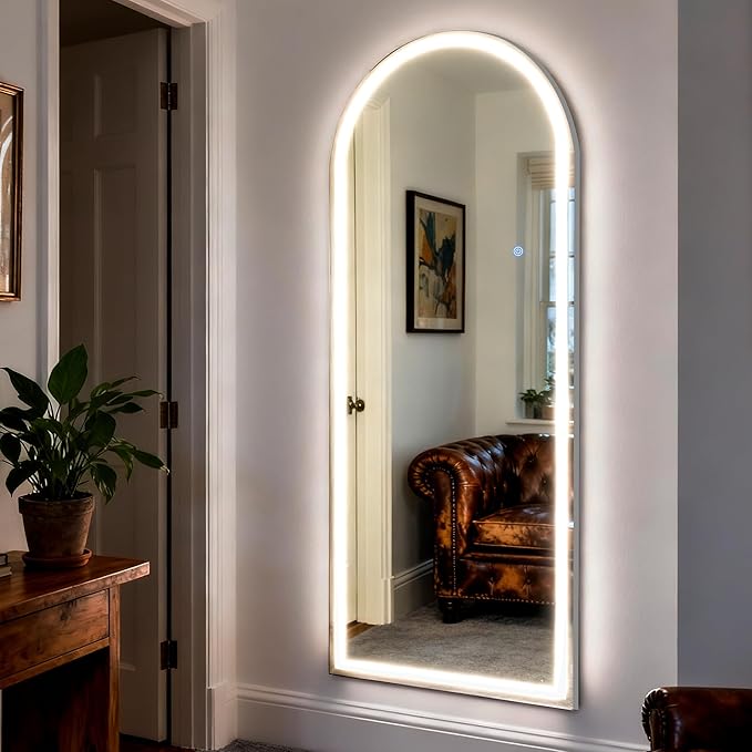 Arched LED Mirror Full Length - 64" x 21" Large Arch Floor Full Body Mirror with 3 Color Lights Brightness Adjustable, Standing Leaning for Bedroom, Dressing Room, Cloakroom, White
