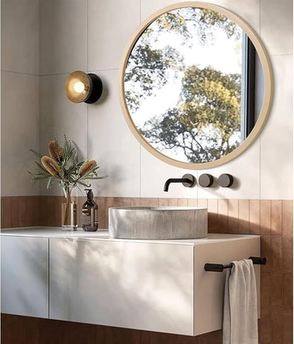 JJUUYOU Large Round Mirrors for Wall Circular Mirror for Bathroom 24 Inc Wood Framed Round Mirror for Bathroom Make up Mirror for Living Room Wall Mounted Bedroom Dorm