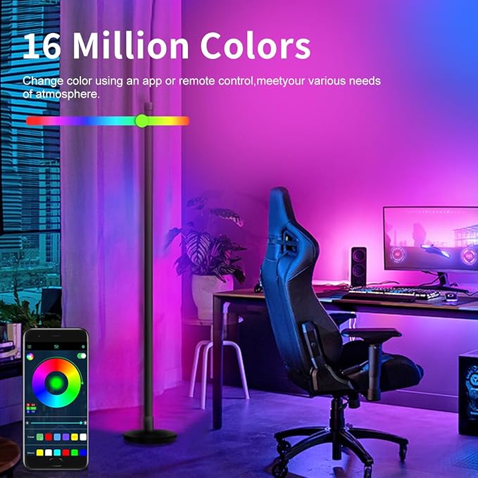 LED Floor Lamp, 63-Inch RGB Corner Light with Music Sync, Smart App Control, 16 Million Colors, Remote Control for Living Room, Bedroom, Gaming Room