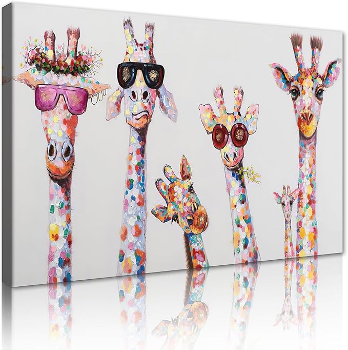 5 Giraffes Wear Glasses Canvas Wall Art for Living Room Graffiti Art Canvas Framed Wall Decor Modern Home Artwork Bathroom Canvas Prints Ready to Hang 12x16 inch