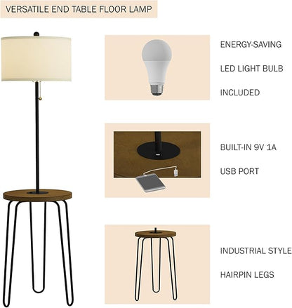Floor Lamp with Table - Mid-Century Modern Nightstand or Side Table with USB Port and Hairpin Legs - Standing Light with Shelves by Lavish Home