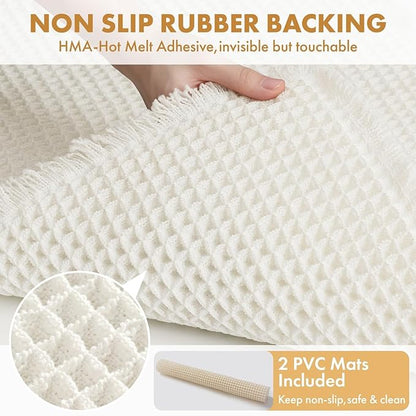 MIULEE Set of 2 Waffle Bathroom Runner Rugs, Boho Bath Rugs Non Slip Washable, Super Absorbent Runner Bath Mats, Rubber Backed Shower Mats for Hallway Bedroom Laundry Room, White, 2'x6'(24x72 Inch)