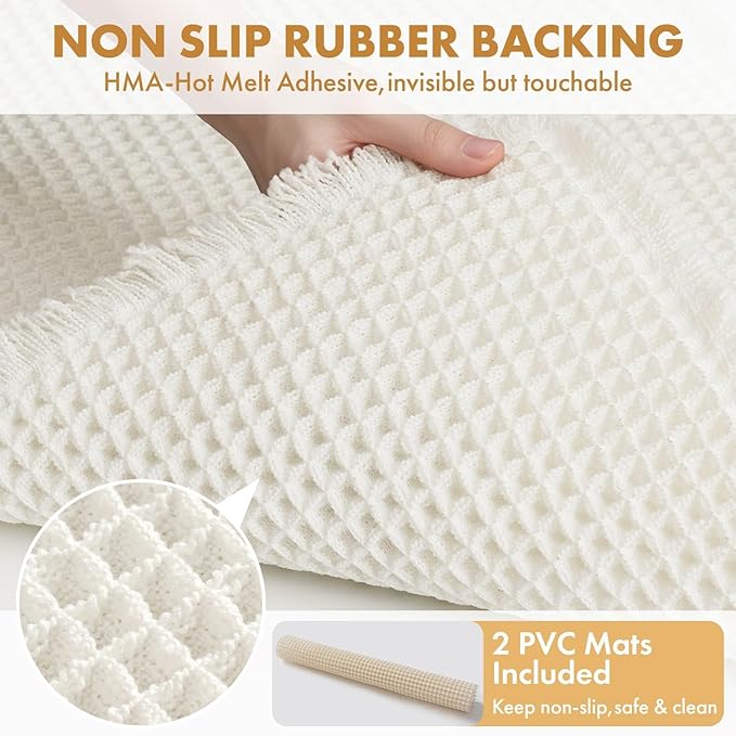 MIULEE Set of 2 Waffle Bathroom Runner Rugs, Boho Bath Rugs Non Slip Washable, Super Absorbent Runner Bath Mats, Rubber Backed Shower Mats for Hallway Bedroom Laundry Room, White, 2'x5'(24x60 Inch)