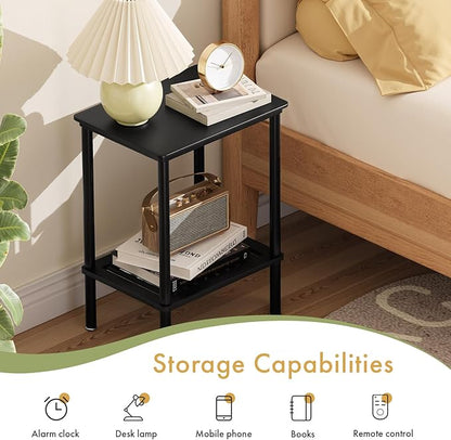 2 Tier Small Side Table, Bedside Table, Narrow Entryway Table, Bamboo End Table with Storage Shelf, Bedroom Nightstand, Mini Accent Table, Small Coffee Table, Plant Stand, Black