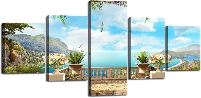 Modern European Landscape Ocean Painting 5 Panels Combination Set Wall Art Canvas Pictures for Home Decoration Living Room Bedroom Posters and Prints Gallery-wrapped Framed Stretched (50''W x 24''H)