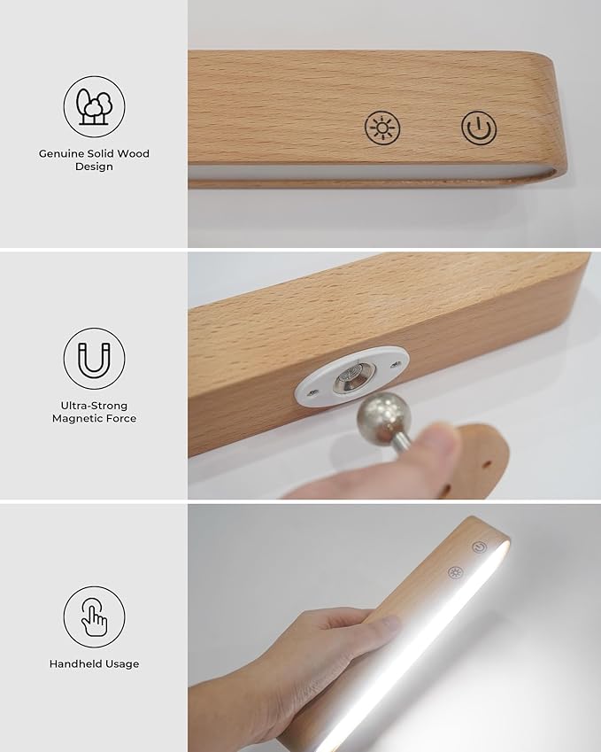 PopoIron 7500 mAh Rechargeable Wood Wall Sconce for Bedroom, LED Wall Light with Remote Control and Touch, 360° Magnetic Rotation, 3 Colours, Dimmable Wooden LED Wall Lamp with 15 RGB Colors,1 Pack