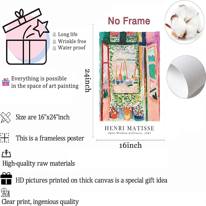 LYPHNX Henri Mattise Poster Wall Art Colorful Abstract Prints Set of 3 Vintage Aesthetic Canva Painting Picuter Floral Botanical Home Decor for LIving Room Bedroom Girls Room 16"x24" Unframed
