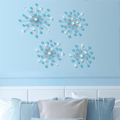 Funnymoom 4 Pcs Blue Starburst Wall Decor Metal Bling Wall Art Blue Crystal Sparkling Rhinestones Bling Decorative Hanging Diamond for Living Room Bedroom Home Office