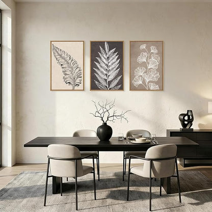 HOURIA Abstract Boho Fern Leaf Floral Framed Canvas Wall Art Set,Vintage Botanical Leaves Wildflower Decor,Modern Minimalist Nature Inspired Beige & Brown Artwork for Living Room,Farmhouse-16 x24 x3