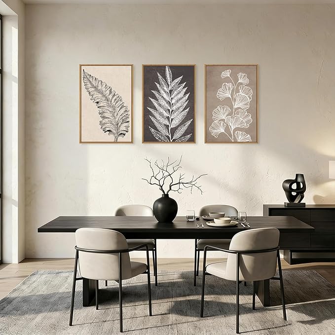 HOURIA Abstract Boho Fern Leaf Floral Framed Canvas Wall Art Set,Vintage Botanical Leaves Wildflower Decor,Modern Minimalist Nature Inspired Beige & Brown Artwork for Living Room,Farmhouse-24 x36 x3