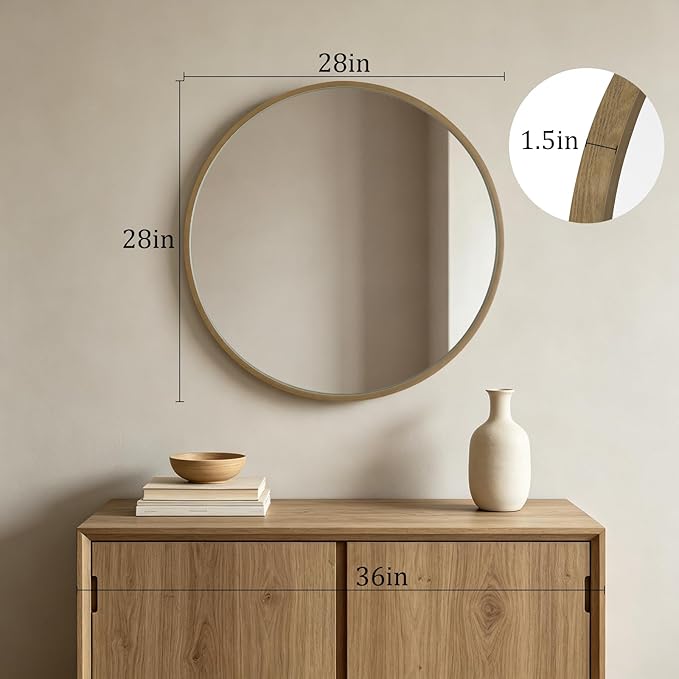 HOMECOOKIN Round Wood Mirror 28 inch Circle Mirror, Rustic Farmhouse Wooden Framed Natural Decorative Wall Decor, Vanity Wall Mirror for Bathroom, Bedroom, Entryway, Living Room (Honey)