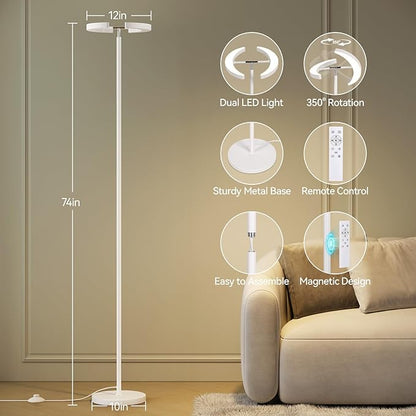SUNMORY Floor Lamps for Living Room, 28W/1600LM Bright LED Floor Lamp with Remote & 2 Rotatable Lights, 74" Dimmable Tall Standing Lamp, Modern Reading Torchiere Corner Lamp for Bedroom Office, White