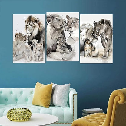 Large Wall Art Lion Family Pictures Wall Decor Artwork 3 Pieces Wild Animal Portrait Posters Watercolor Style Lion Prints for Living Room Office Decor Framed, 24"x36"x3