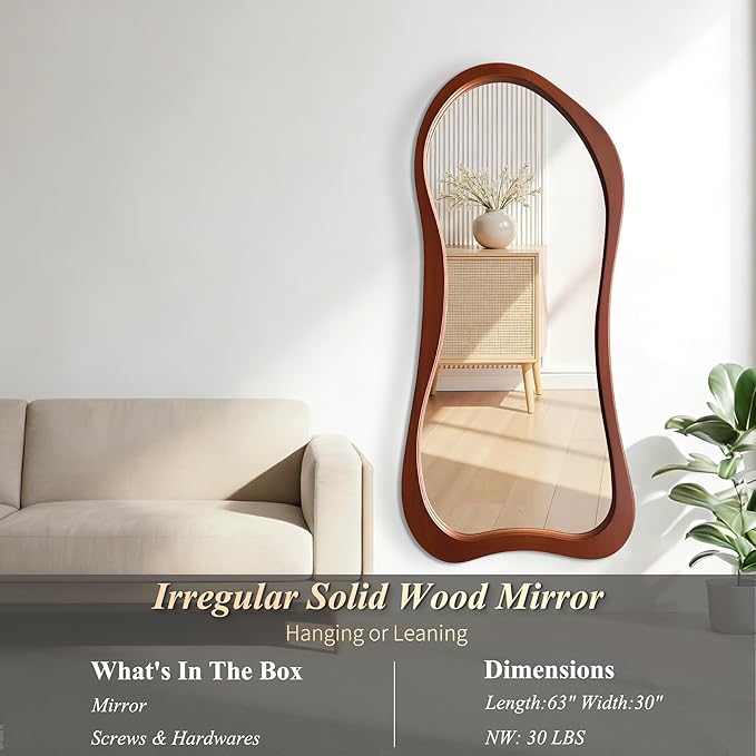 Large Irregular Mirror, 63"x30" Asymmetrical Aesthetic Mirrors with Solid Wood Frame, Premium Organic Shape Floor Mirror for Living Room Entryway Hallway Bedroom Cloakroom, Leaning/Hanging