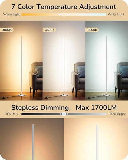 EDISHINE 59.8" Corner Floor Lamp, White Floor Lamp with Remote, 3 Height Settings, 3 Color Temperature & Stepless Dimming, Foot Switch, Slim Floor Lamps for Living Room, White