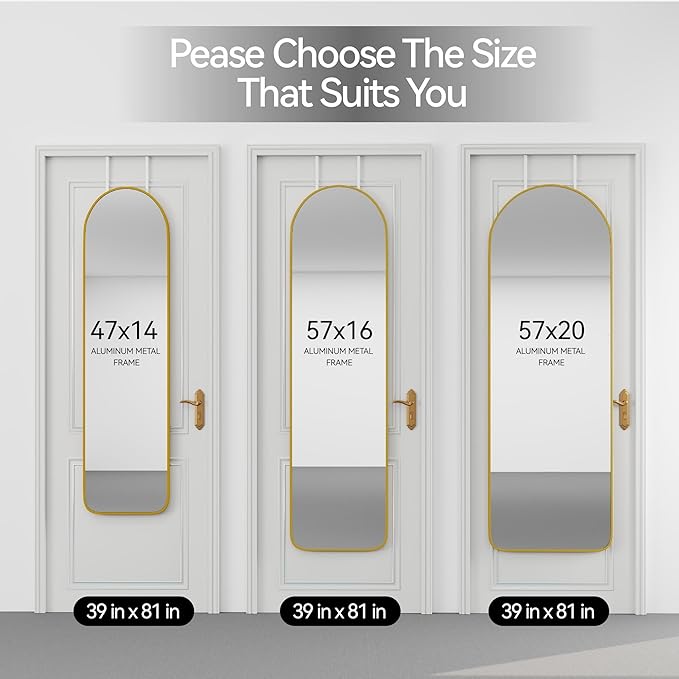 SCWF-GZ 47x14 Mirror Full Length Back Door Hanging or Wall Mounted Aluminum Metal Frame Arch Mirrors for Entryway Bedroom Bathroom Dressing Living Room 47 14 inch Gold