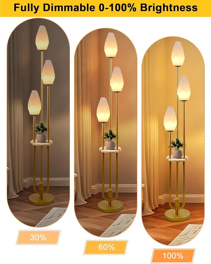 Gold Floor Lamp with Tray, 3-Lights Dimmable Floor Lamps with Rock-Shaped Shade, Unique Candle Holder Style Modern Tall Standing Lamp with 5Lbs Heavy Base for Living Room/Party(Bulbs Included)