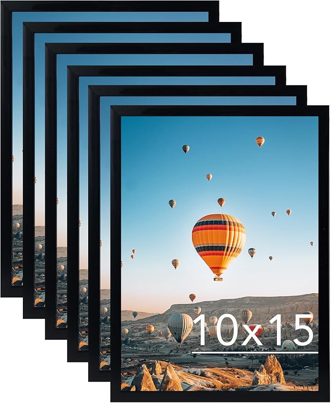 JCJMY 10x15 Black Picture Frame Set of 6, Horizontal and Vertical Formats for Wall Hanging, 10 x 15 Wall Gallery Poster Photo Frames with Shatter Resistant Plexiglass, 6 Pack, Black
