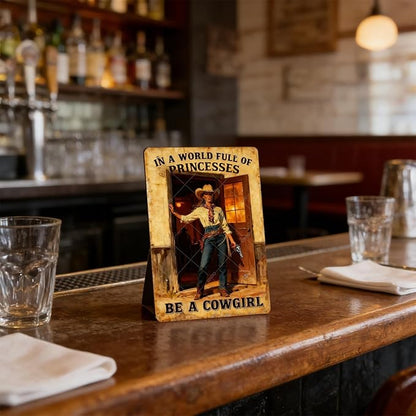 In A World Full of Princesses Be A Cowgirl Vintage Metal Sign Cowboy Sign Retro Metal Plaque for Home Bar Garage Coffee Shop Wall Decoration 12x8 Inch
