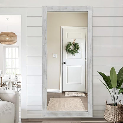 MELOMOIR Rustic Farmhouse Full Length Mirror, 71"x32" Large Floor Wood Frame, Free Standing Leaning Hanging, Full Body for Bedroom Living Room Cloakroom, Weathering White