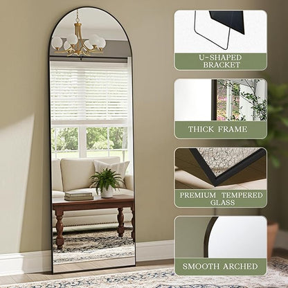 MISSDAY 64"x24" Arched Full Length Mirror, Full Body Mirror with Stand, Floor Mirror Long Free Standing, Leaning or Hanging, Aluminum Thin Frame Wall-Mounted Mirrors Wall Mirrors for Bedroom, Black