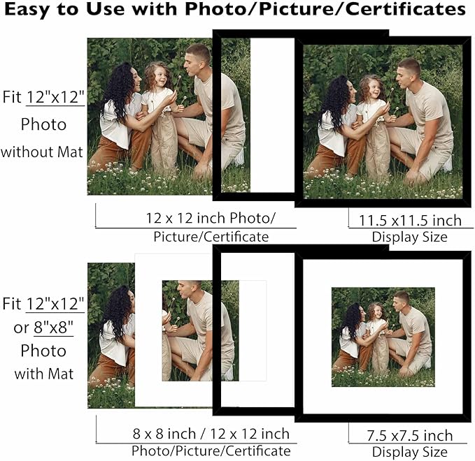 JCJMY 12 Pack 12x12 Picture Frame with 8x8 Mat, Display 8x8 with Mat or 12x12 Without Mat, 12 by 12 Frames Bulk Set of 12 Collage Gallery Wall Decor Photo Frames Set for Wall, Black
