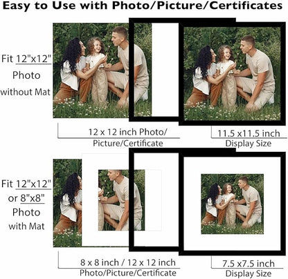 JCJMY 12 Pack 12x12 Picture Frame with 8x8 Mat, Display 8x8 with Mat or 12x12 Without Mat, 12 by 12 Frames Bulk Set of 12 Collage Gallery Wall Decor Photo Frames Set for Wall, Black