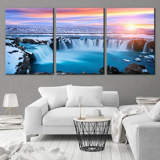 Pacimo 3 Pieces Canvas Wall Art Tropical Waterfall Pastel Sunset Horizon Pictures Prints Nature Landscape Modern Artwork for Walls Painting Home Office Wall Decor Framed Ready to Hang - 20"x28"x3