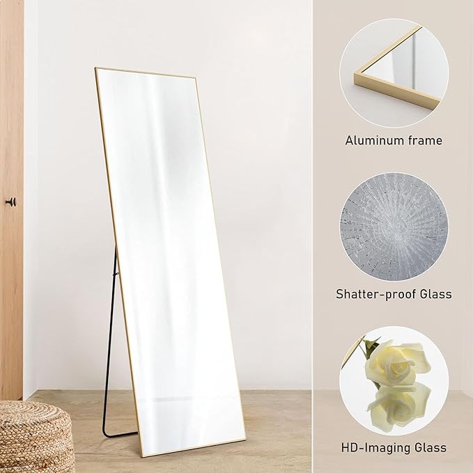 OLIXIS Full Length Mirror for Bedroom, 68"x26" Full Body Mirror with Stand, Hanging or Leaning for Wall, Aluminum Alloy Thin Frame Floor Standing for Living Room, Long, Gold