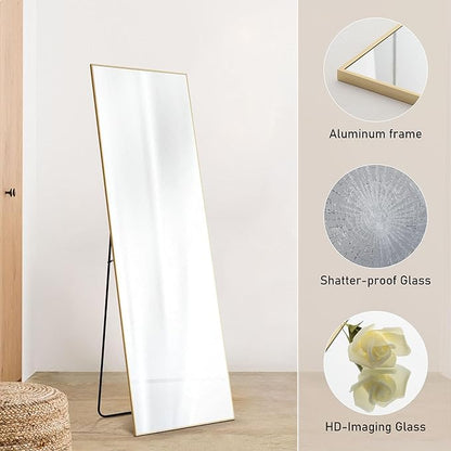 OLIXIS Full Length Mirror for Bedroom, 65"x24" Full Body Mirror with Stand, Hanging or Leaning for Wall, Aluminum Alloy Thin Frame Floor Standing for Living Room, Long, Gold