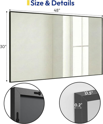 30" x 48" Matte Black Wall Mirror, 48" x 30" Large Metal Framed Landscape Decor, Horizontal Bathroom Mirror for Wide Vanity & Dining Room