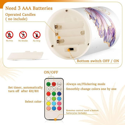 ALAZA Purple Butterflies Flickering Flameless Candles Battery Operated with Remote Timer,Tea Light Candles LED Pillar Votive Candles Set of 2 for Outdoor Indoor Decorations