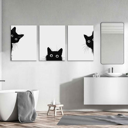 AOYUSMO 3 Piece Black Cat Canvas Wall Art Funny Animal Wall Art for Nursery Cute Picture Decor Minimalist Black And White Modern Prints for Children's Room Bedroom 16"x24" Framed