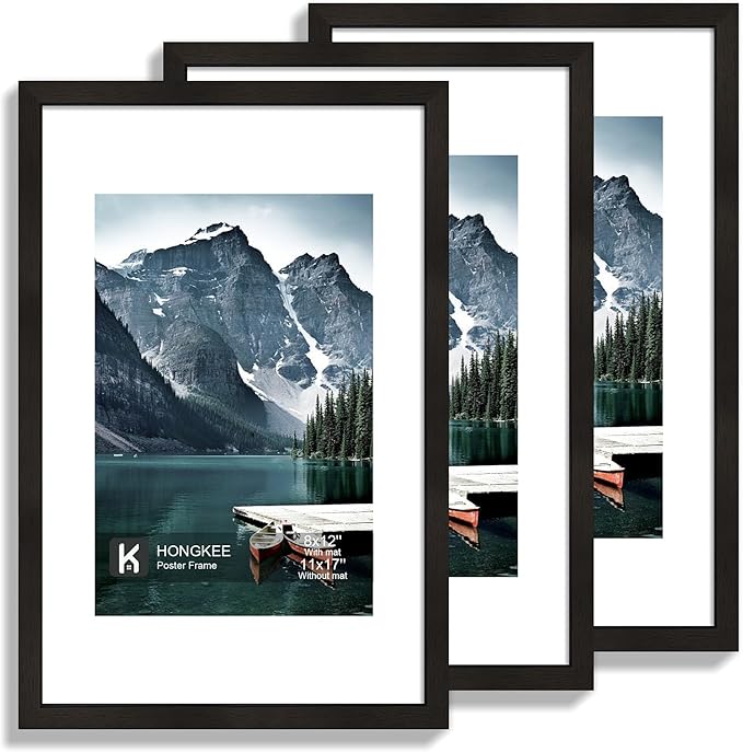 Hongkee 11x17 Picture Frame Set of 3 - Display 8x12 Photo with Mat or 11 x 17 Poster without Mat, Wall Mounting Horizontal and Vertical, Black