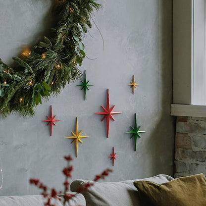 MidModArt 7PCS Mid Century Modern 3D Star Wall Art Gold Retro Starburst Sculptures Vintage Celestial Home Decor, Colored Starburst