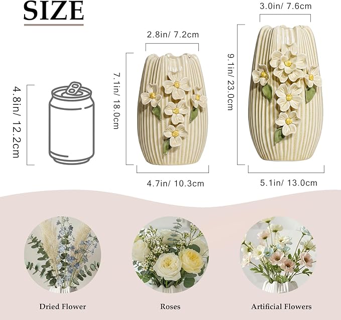 Yellow Ceramic Vase - 7 Inch Small Decorative Vases Home Decor, 3D Modern Flower Vase, Centerpiece Table, Shelf, Mantel, Kitchen, Living Room Decor