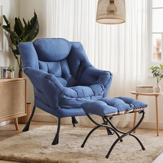 Lazy Chair with Ottoman, Large Royal Blue Accent Chair with Ottoman, Comfy Reading Armchair, Leisure Sofa Chair for Living Room, Bedroom, Dorm Room, Office