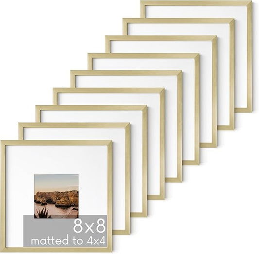 HAUS AND HUES 8x8 Gold Metal Picture Frames Matted to 4x4 - Premium Aluminum with Hanging Hardware, Shatterproof Plexiglass - Ideal for Home or Office (8x8 in, Gold, Set of 9)