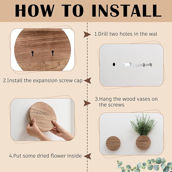 2 Pack Round Wooden Wall Vase Indoor Plants Hanging Boho Modern Farmhouse Wall Art Decor for Living Room, Bathroom Entryway, Hallway Fake Flower Plants