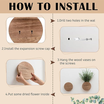 2 Pack Round Wooden Wall Vase Indoor Plants Hanging Boho Modern Farmhouse Wall Art Decor for Living Room, Bathroom Entryway, Hallway Fake Flower Plants