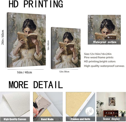 Vintage Victorian Woman Reading Book Wall Art Light Academia Wall Decor Paintings Picture Moody Girl Aesthetic Poster Canvas Print for Bedroom Living Room Dorm Library Nook 12x16Inch Framed