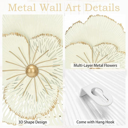 DILATATA 3 Pcs Metal Flower Wall Art Set 10 Inch Rustic Modern Floral Sculpture 3D Metal Flower Wall Hanging Accent for Indoor Living Room Bedroom Kitchen Bathroom Garden Patio Decor - White