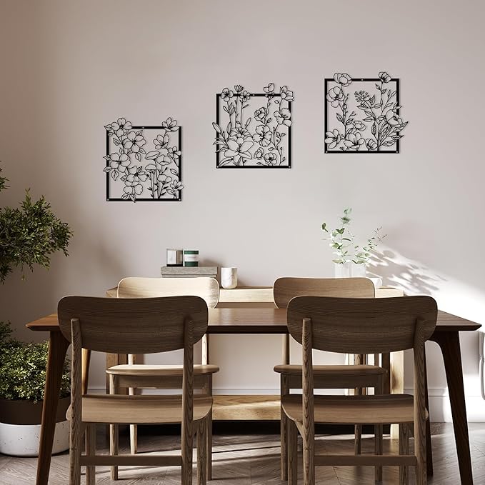 Vineland Metal Floral Wall Art, 11.8x11.8 inches, Set of 3, Black Minimalist Floral Decor for Living room Bathroom Bedroom, Housewarming Gifts