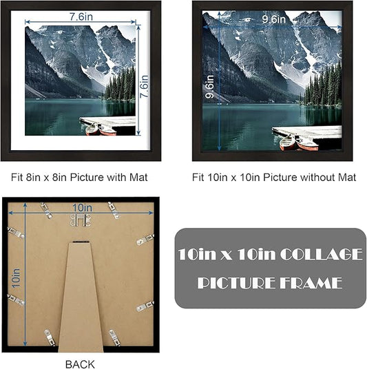Hongkee 10x10 Black Picture Frames set of 3, Made of Wooden and Real Glass Square Photo frame - Displays 8x8 Picture With Mat or 10 x 10 Without Mat, Desktop & Wall Collage Frame set