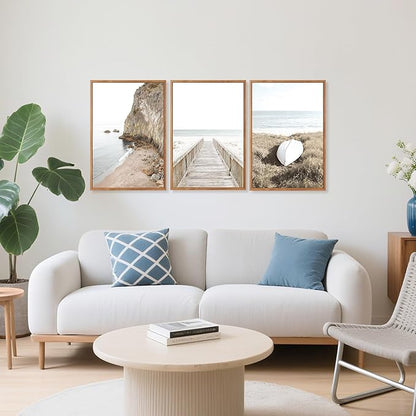 Aurlan Neutral Beach Coastal Framed Wall Art(16"x24"), 3PCS Boho Ocean Shore Waves Bridge Pathway Boardwalk Sailboat Canvas Artwork, Large Abstract Modern Seaside Seascape Landscape Nautical Decor for Bedroom Living Room