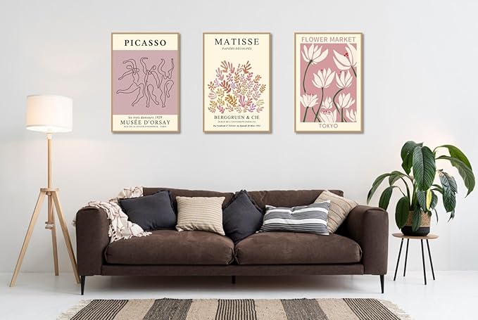 MINI ZOZI Matisse Wall Art Flower Market Prints 16X24 3PCS Picasso Wall Decor Large Canvas Pink Posters Trendy Funky Aesthetic Abstract Line Minimalist Poster Danish Pastel Painting Bedroom Printing